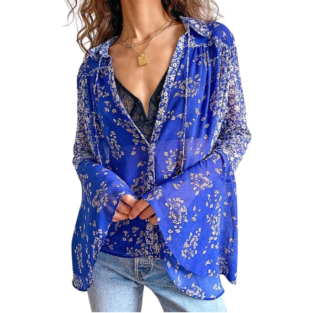 Free People Serena Blue Floral Bell Sleeve Blouse Boho Flowy Summer Top